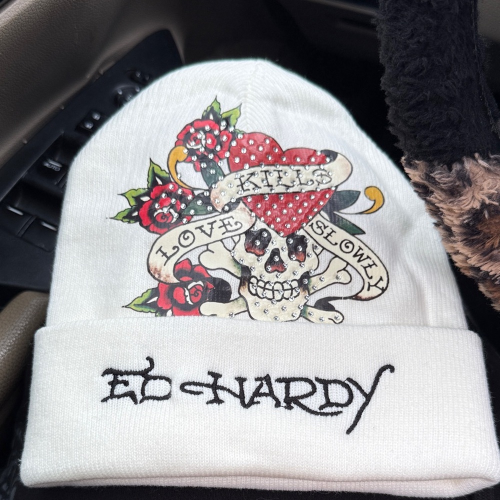 Ed Hardy Beanie with Skull and Heart Design